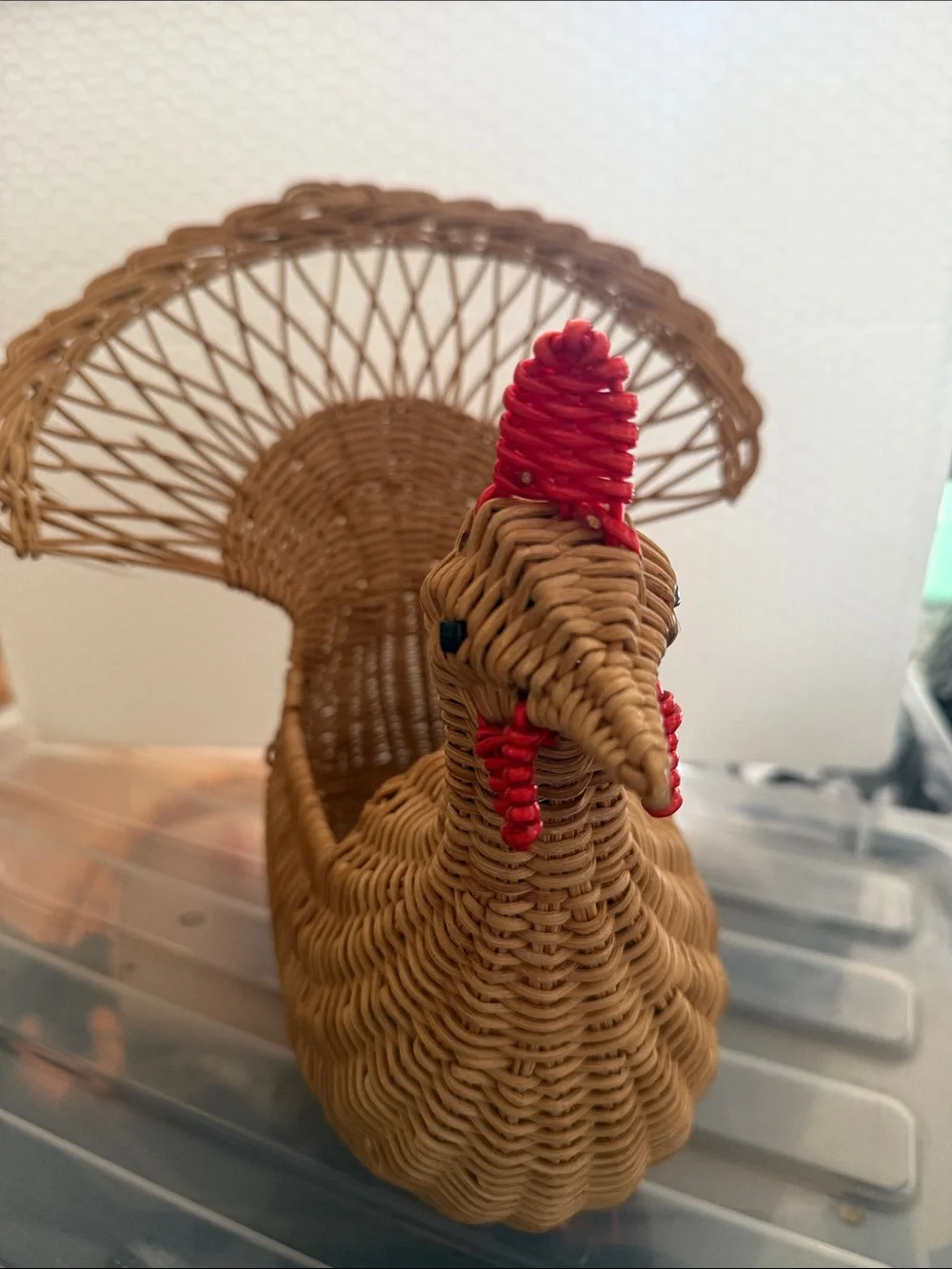Handwoven Brown Wicker Turkey Basket with Red Accents - Home Accents